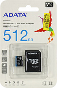 ADATA Premier <AUSDX512GUICL10A1-RA1> microSDXC Memory Card 512Gb V10 A1 UHS-I U1 Class10 + microSD-->SD Adapter
