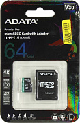 ADATA <AUSDX64GUI3V30SA2-RA1> microSDXC Memory Card 64Gb A2 V30UHS-I U3 Class10 + microSD-->SD Adapter